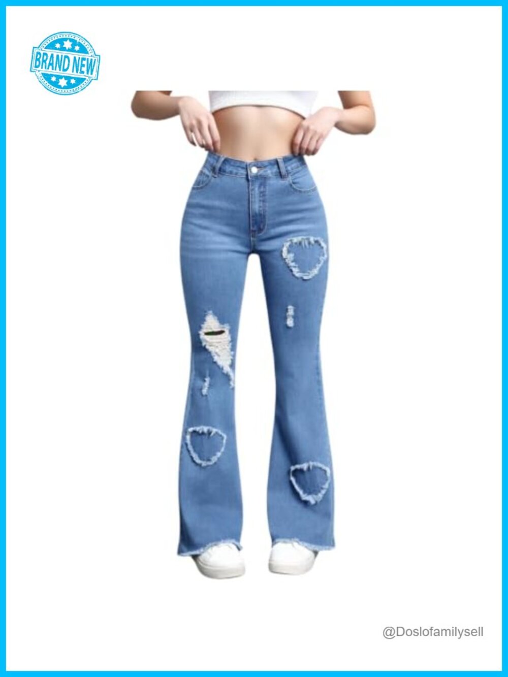 High Waisted Flare Jeans Ripped Heart Distressed Stretch Denim Bell Bottom